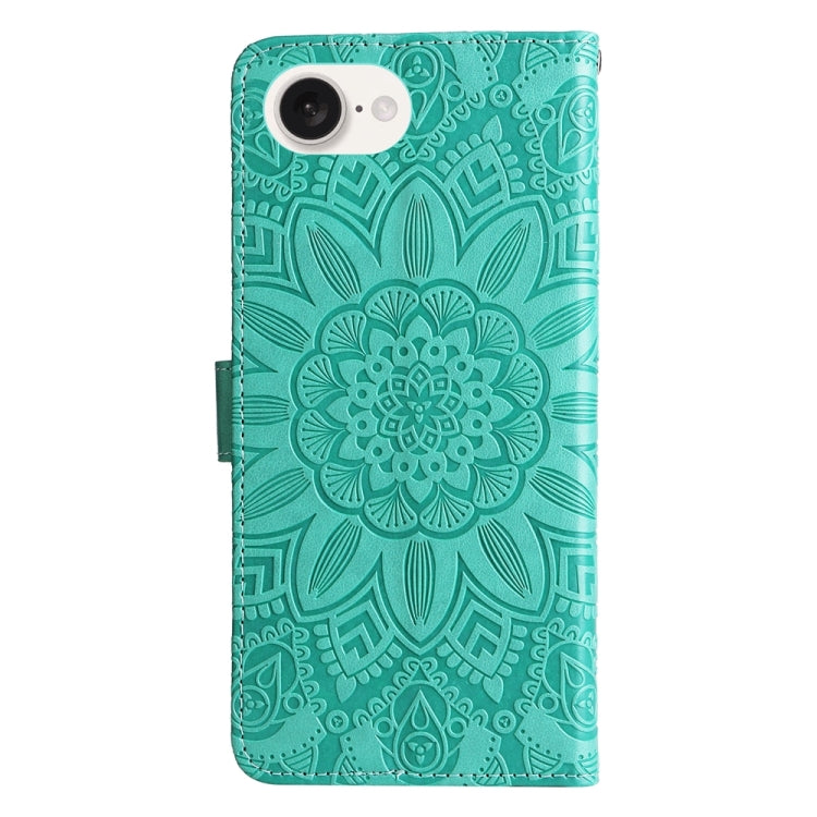 For iPhone 16e Embossed Sunflower Leather Phone Case(Green)