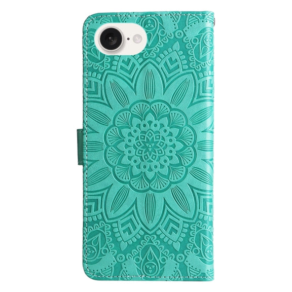 For iPhone 16e Embossed Sunflower Leather Phone Case(Green)