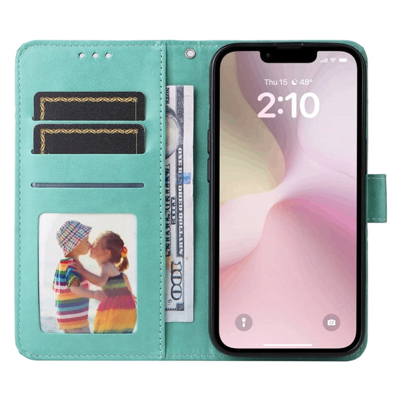 For iPhone 16e Embossed Sunflower Leather Phone Case(Green)
