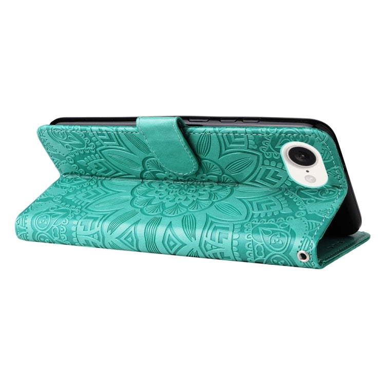 For iPhone 16e Embossed Sunflower Leather Phone Case(Green)