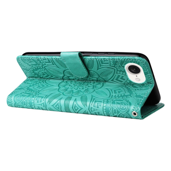 For iPhone 16e Embossed Sunflower Leather Phone Case(Green)