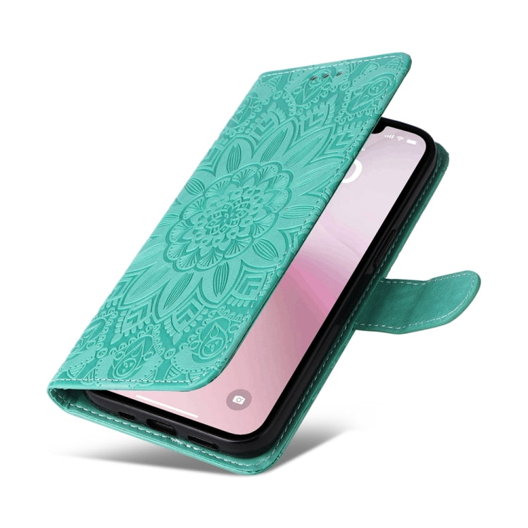 For iPhone 16e Embossed Sunflower Leather Phone Case(Green)