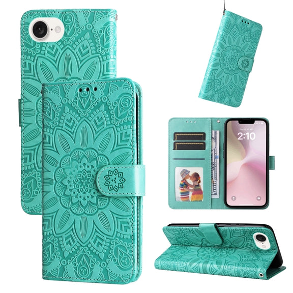 For iPhone 16e Embossed Sunflower Leather Phone Case(Green)