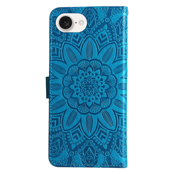 For iPhone 16e Embossed Sunflower Leather Phone Case(Blue)