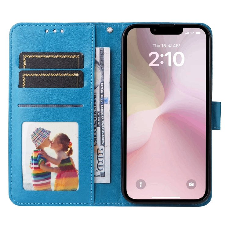 For iPhone 16e Embossed Sunflower Leather Phone Case(Blue)
