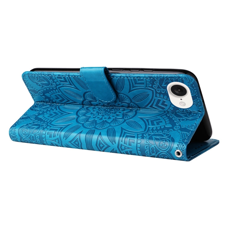 For iPhone 16e Embossed Sunflower Leather Phone Case(Blue)