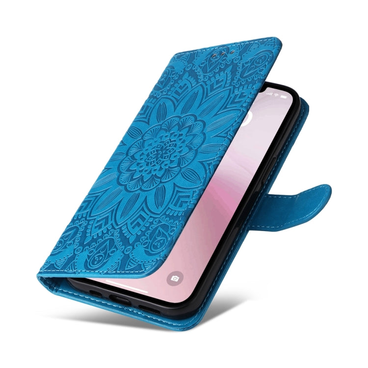 For iPhone 16e Embossed Sunflower Leather Phone Case(Blue)