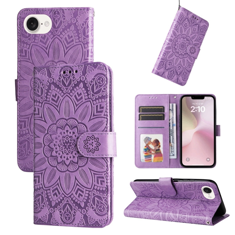 For iPhone 16e Embossed Sunflower Leather Phone Case(Purple)