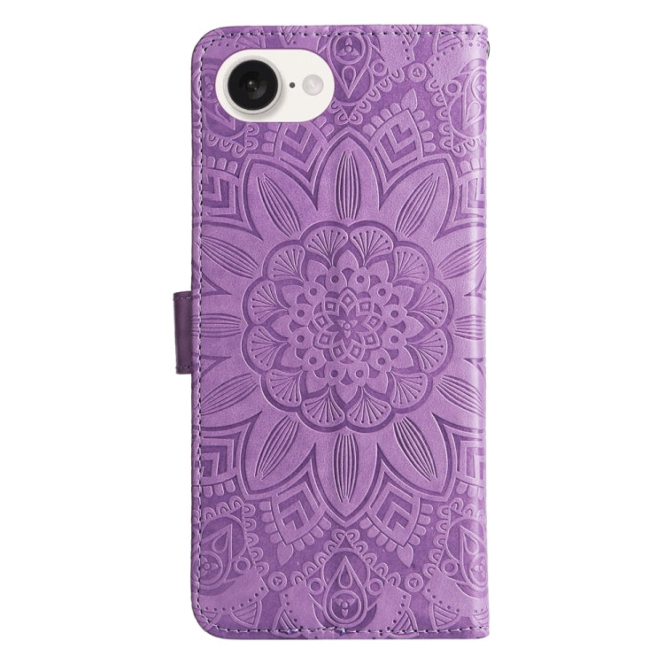 For iPhone 16e Embossed Sunflower Leather Phone Case(Purple)