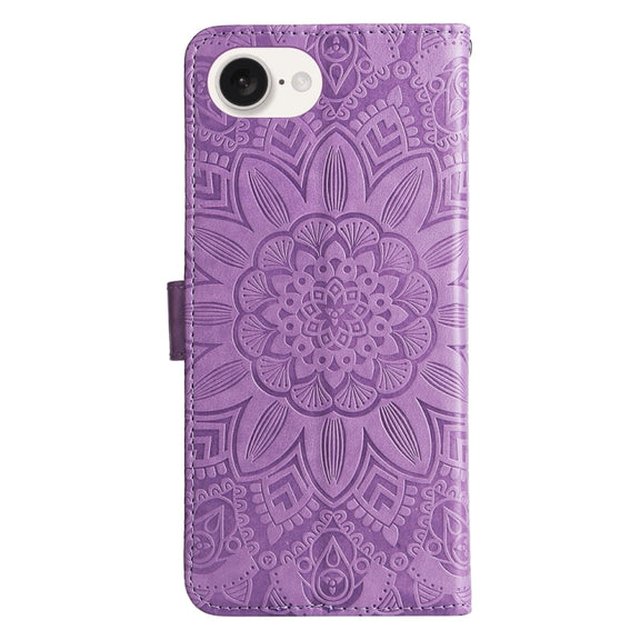 For iPhone 16e Embossed Sunflower Leather Phone Case(Purple)