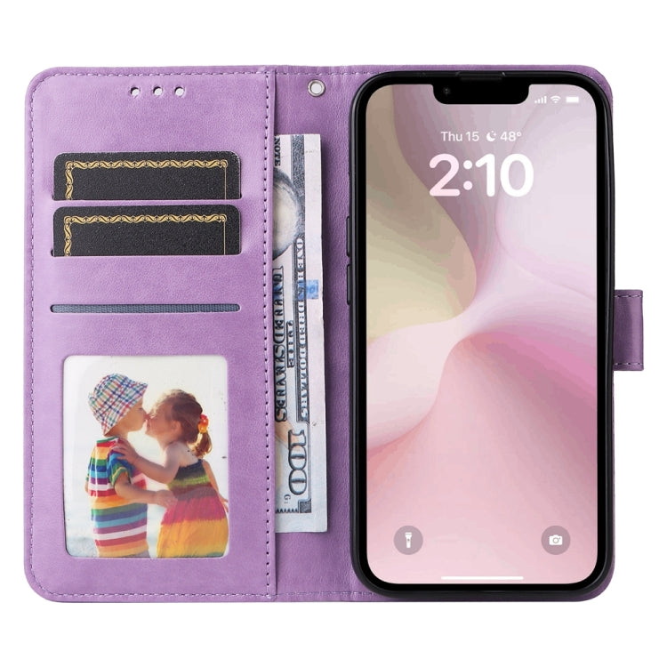 For iPhone 16e Embossed Sunflower Leather Phone Case(Purple)