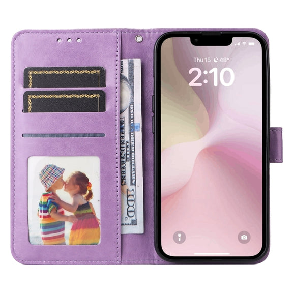 For iPhone 16e Embossed Sunflower Leather Phone Case(Purple)