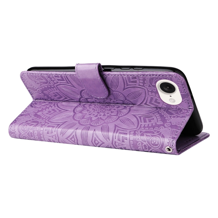 For iPhone 16e Embossed Sunflower Leather Phone Case(Purple)