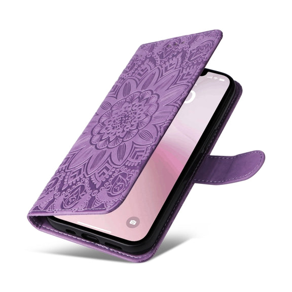 For iPhone 16e Embossed Sunflower Leather Phone Case(Purple)