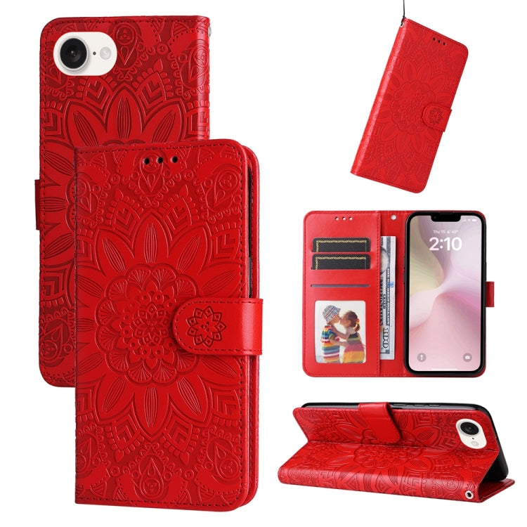 For iPhone 16e Embossed Sunflower Leather Phone Case(Red)