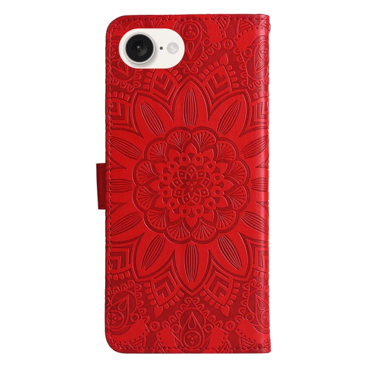 For iPhone 16e Embossed Sunflower Leather Phone Case(Red)