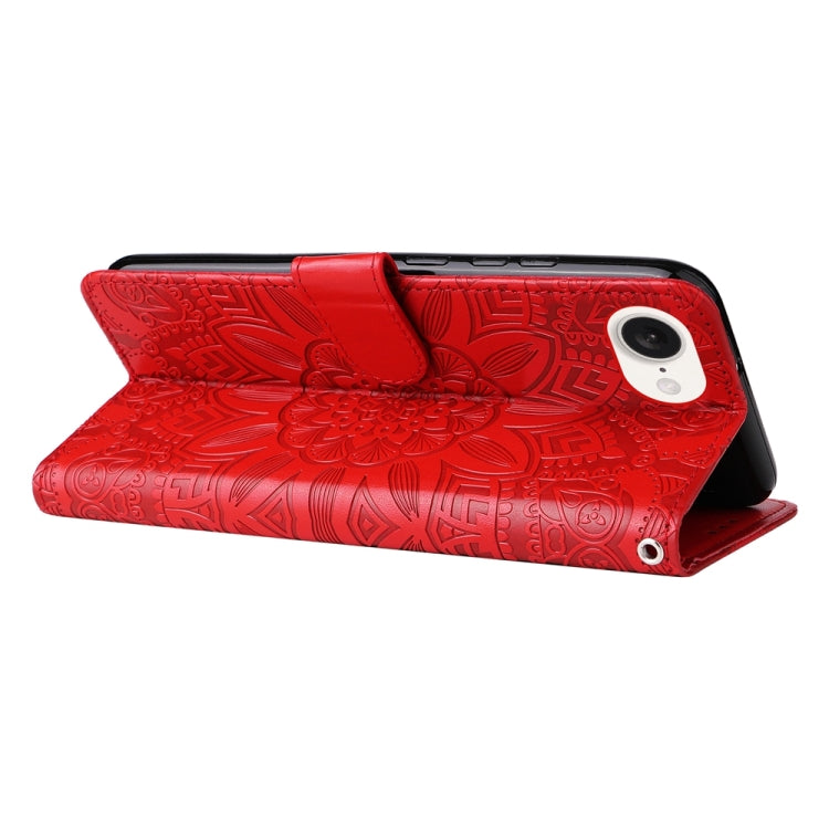 For iPhone 16e Embossed Sunflower Leather Phone Case(Red)