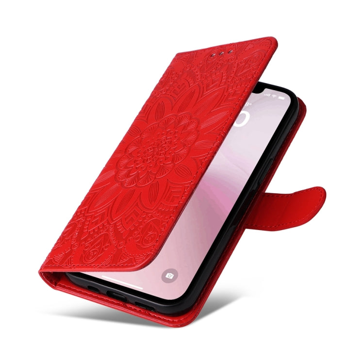 For iPhone 16e Embossed Sunflower Leather Phone Case(Red)