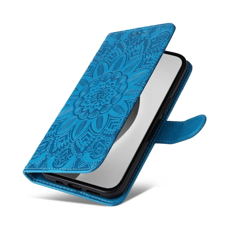 For iPhone 16 Pro Max Embossed Sunflower Leather Phone Case(Blue)