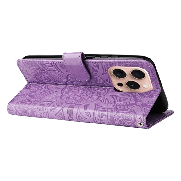 For iPhone 16 Pro Embossed Sunflower Leather Phone Case(Purple)