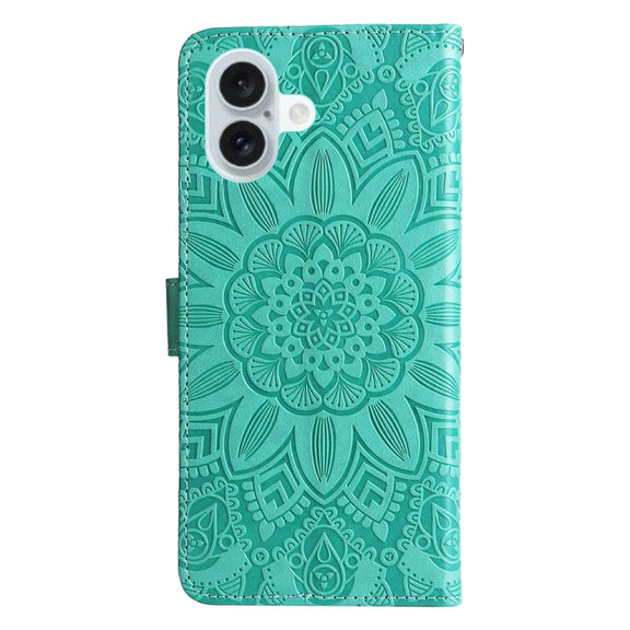For iPhone 16 Plus Embossed Sunflower Leather Phone Case(Green)