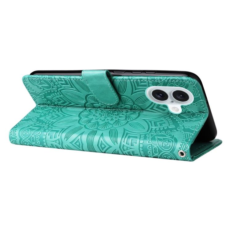 For iPhone 16 Plus Embossed Sunflower Leather Phone Case(Green)