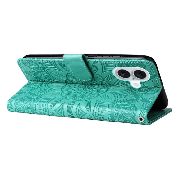 For iPhone 16 Plus Embossed Sunflower Leather Phone Case(Green)