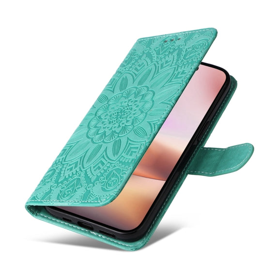 For iPhone 16 Plus Embossed Sunflower Leather Phone Case(Green)