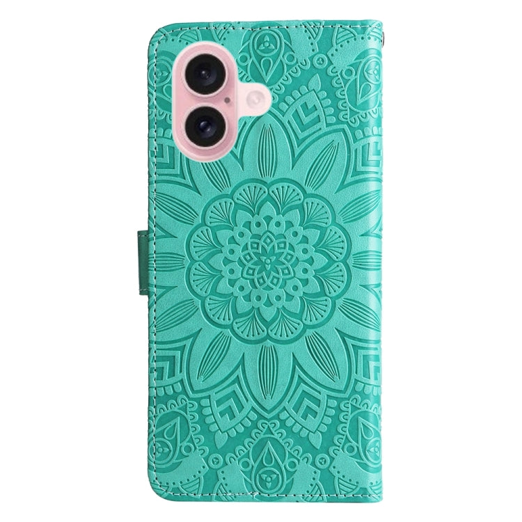 For iPhone 16 Embossed Sunflower Leather Phone Case(Green)