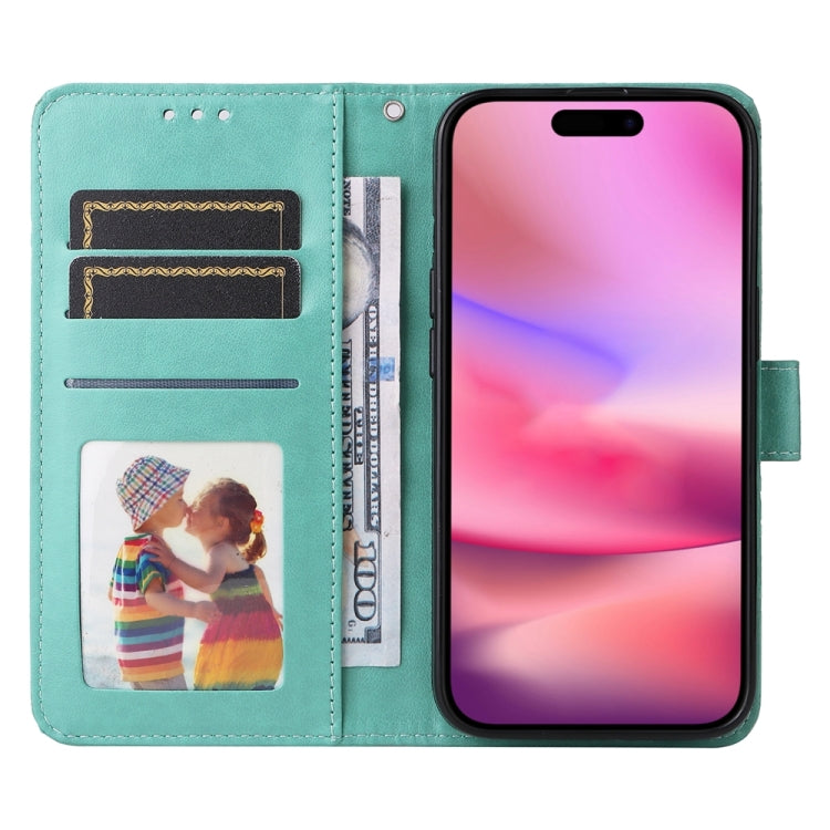 For iPhone 16 Embossed Sunflower Leather Phone Case(Green)