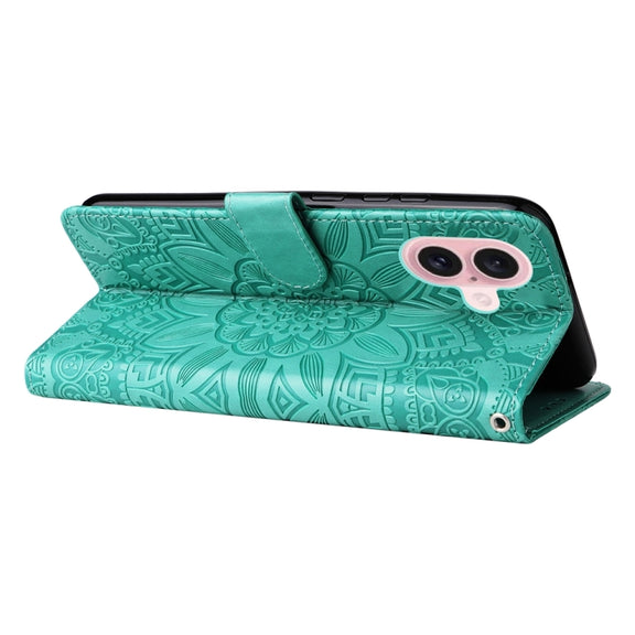 For iPhone 16 Embossed Sunflower Leather Phone Case(Green)
