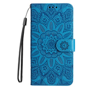 For iPhone 16 Embossed Sunflower Leather Phone Case(Blue)