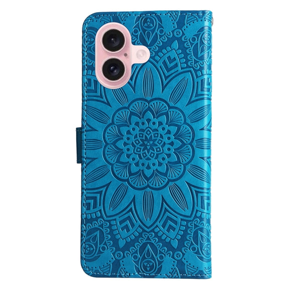 For iPhone 16 Embossed Sunflower Leather Phone Case(Blue)