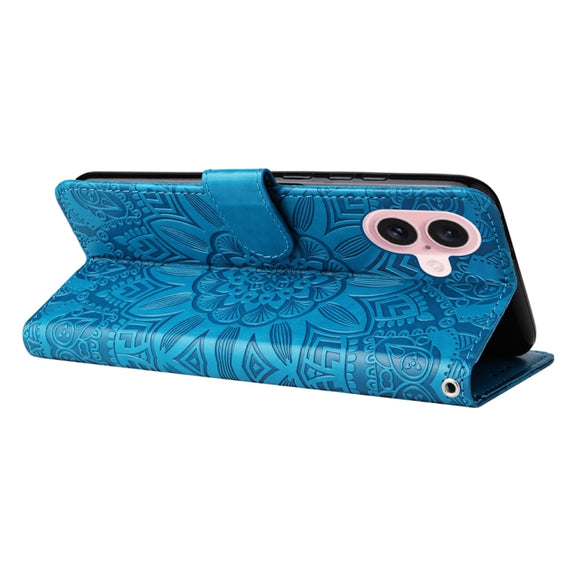 For iPhone 16 Embossed Sunflower Leather Phone Case(Blue)