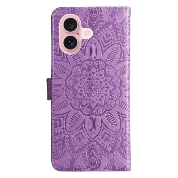 For iPhone 16 Embossed Sunflower Leather Phone Case(Purple)