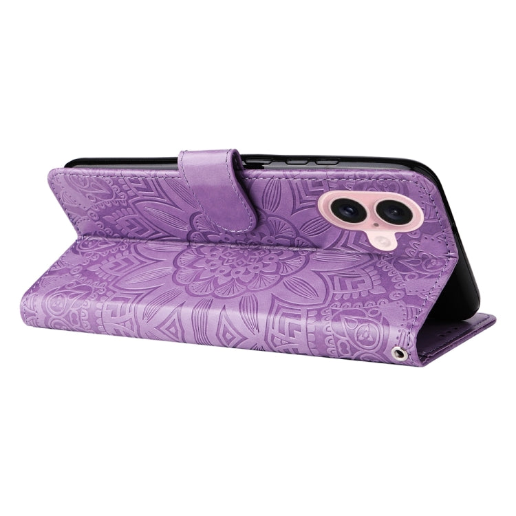 For iPhone 16 Embossed Sunflower Leather Phone Case(Purple)