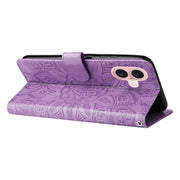 For iPhone 16 Embossed Sunflower Leather Phone Case(Purple)