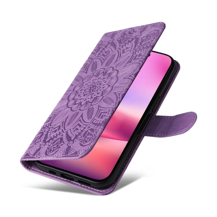 For iPhone 16 Embossed Sunflower Leather Phone Case(Purple)