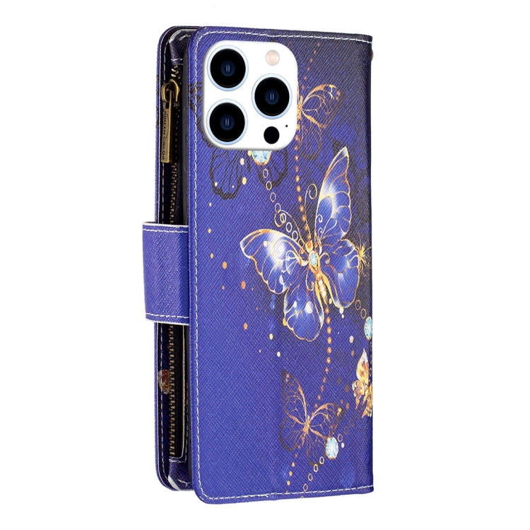 For iPhone 16 Pro Max Colored Drawing Pattern Zipper Phone Leather Case(Purple Butterfly)