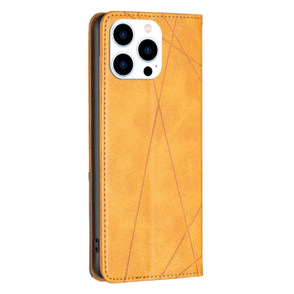 For iPhone 16 Pro Rhombus Texture Magnetic Leather Phone Case(Yellow)