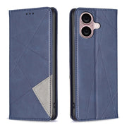 For iPhone 16 Rhombus Texture Magnetic Leather Phone Case(Blue)