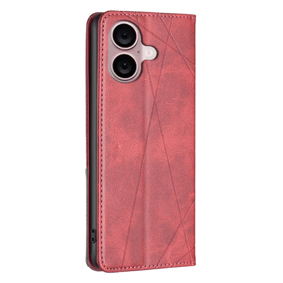 For iPhone 16 Plus Rhombus Texture Magnetic Leather Phone Case(Red)