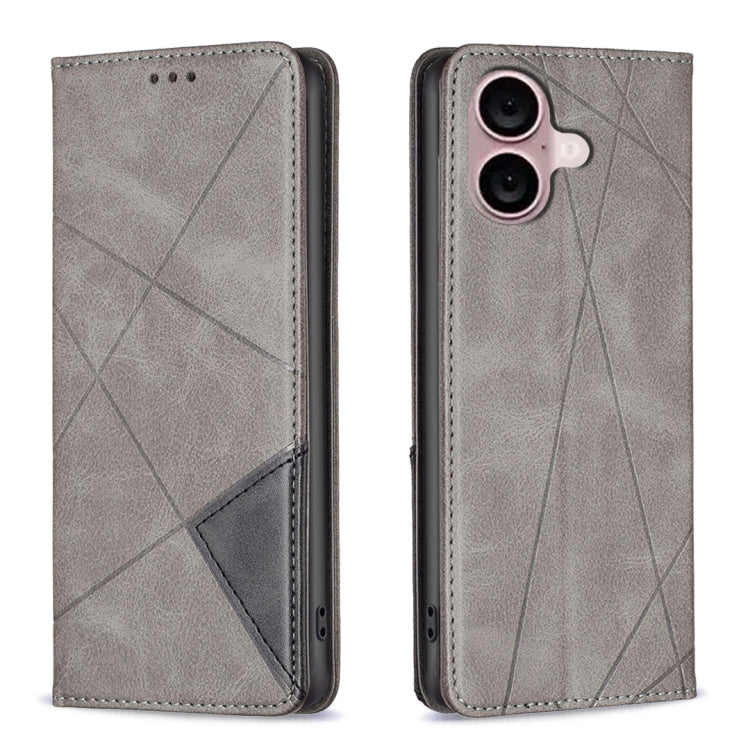 For iPhone 16 Plus Rhombus Texture Magnetic Leather Phone Case(Grey)