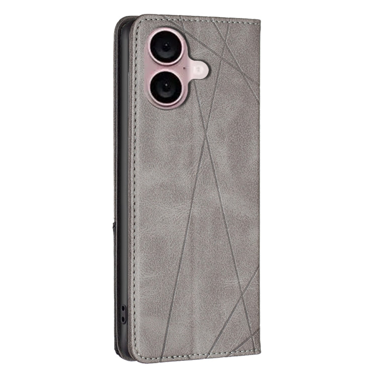 For iPhone 16 Plus Rhombus Texture Magnetic Leather Phone Case(Grey)