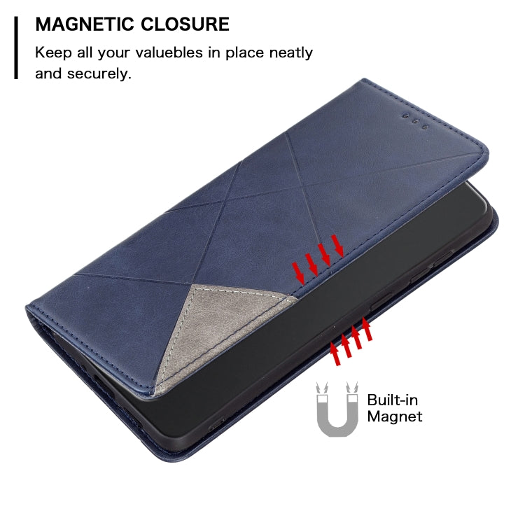 For iPhone 16 Plus Rhombus Texture Magnetic Leather Phone Case(Blue)