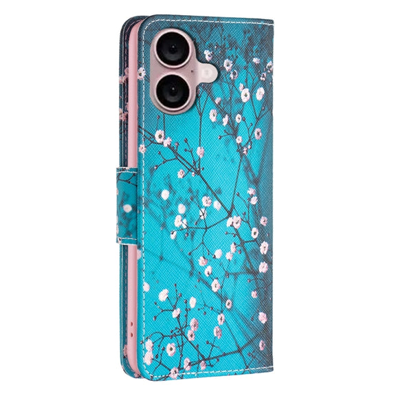 For iPhone 16 Colored Drawing Pattern Leather Phone Case(Plum Blossom)