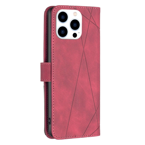 For iPhone 16 Pro Max Magnetic Buckle Rhombus Texture Leather Phone Case(Red)