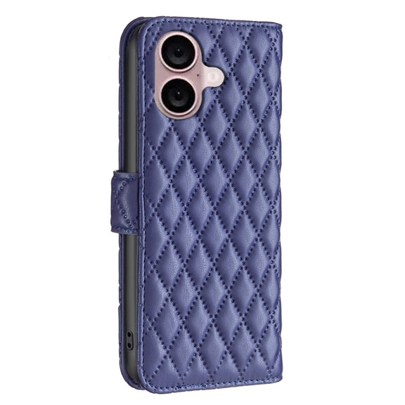 For iPhone 16 Diamond Lattice Wallet Flip Leather Phone Case(Blue)