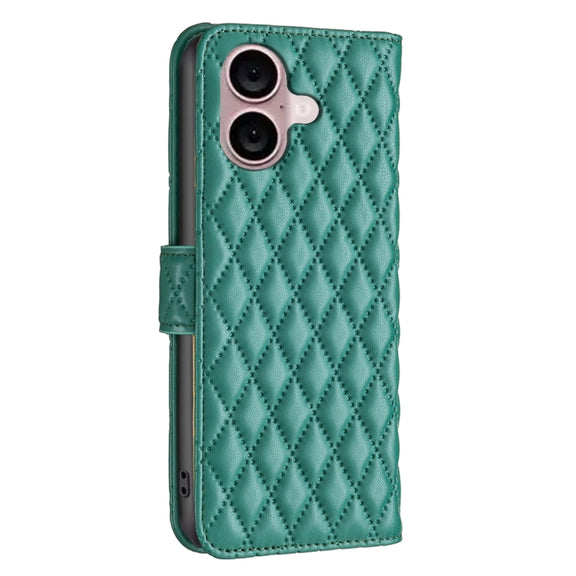 For iPhone 16 Diamond Lattice Wallet Flip Leather Phone Case(Green)