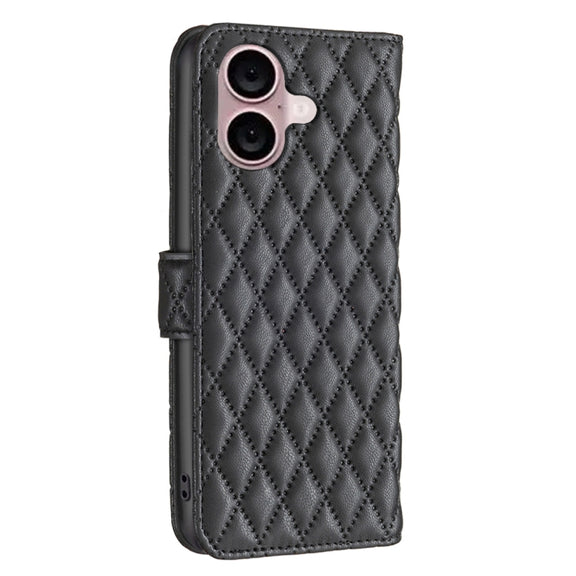 For iPhone 16 Diamond Lattice Wallet Flip Leather Phone Case(Black)